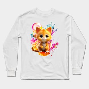 Cute Animal Characters Art 1 -kitten with Abstract- Long Sleeve T-Shirt